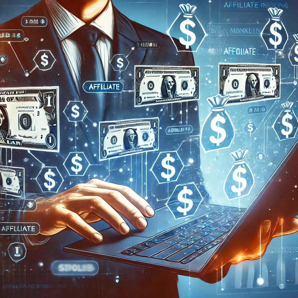 Renda Extra em Casa: Como Ganhar Dinheiro Sem Sair de Casa 4 DALL·E 2025 03 17 10.17.59 A visually appealing illustration of a person making money online through affiliate marketing. The image includes a laptop with multiple affiliate lin