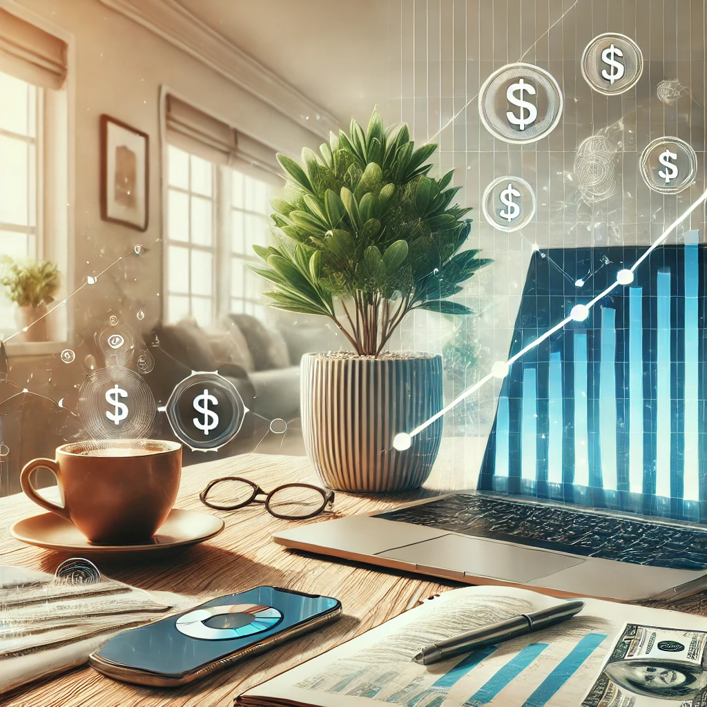 Renda Extra em Casa: Como Ganhar Dinheiro Sem Sair de Casa 5 DALL·E 2025 03 24 10.26.16 A visually appealing digital illustration representing earning extra income from home. The image features a cozy home office with a laptop displaying